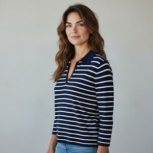 J‎ McLaughlin Size Medium Blue Striped Collared Popover Cotton Stretch Sweater